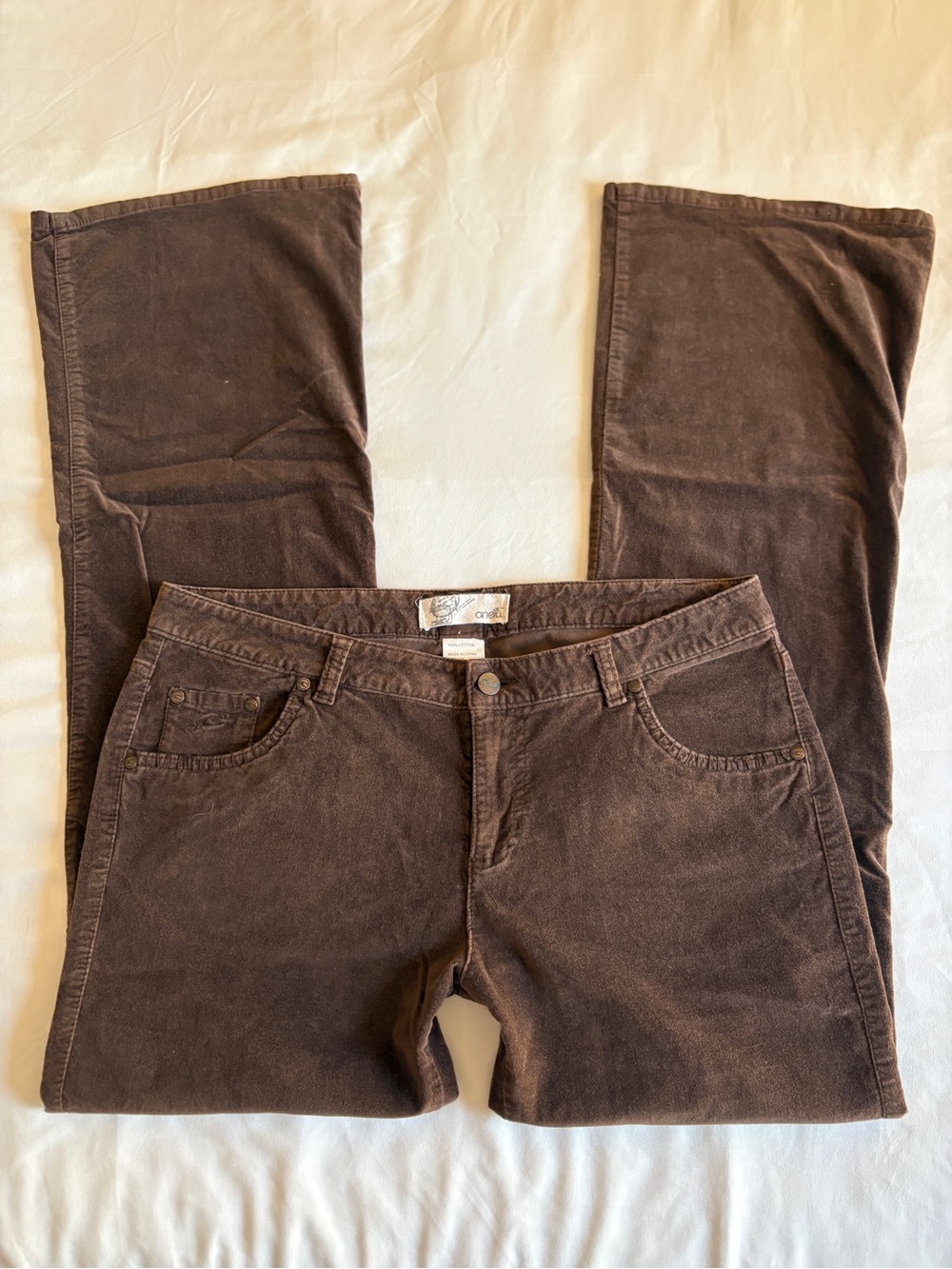 O'Neill Brown Corduroy Flare Leg Embroidered Pocket Pants Y2K Indie Fall Retro
